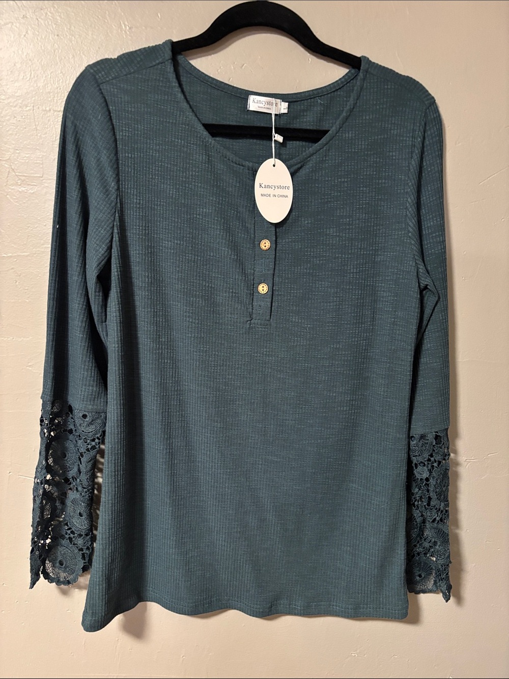 Teal Lace-Cuff Henley Long Sleeve Top